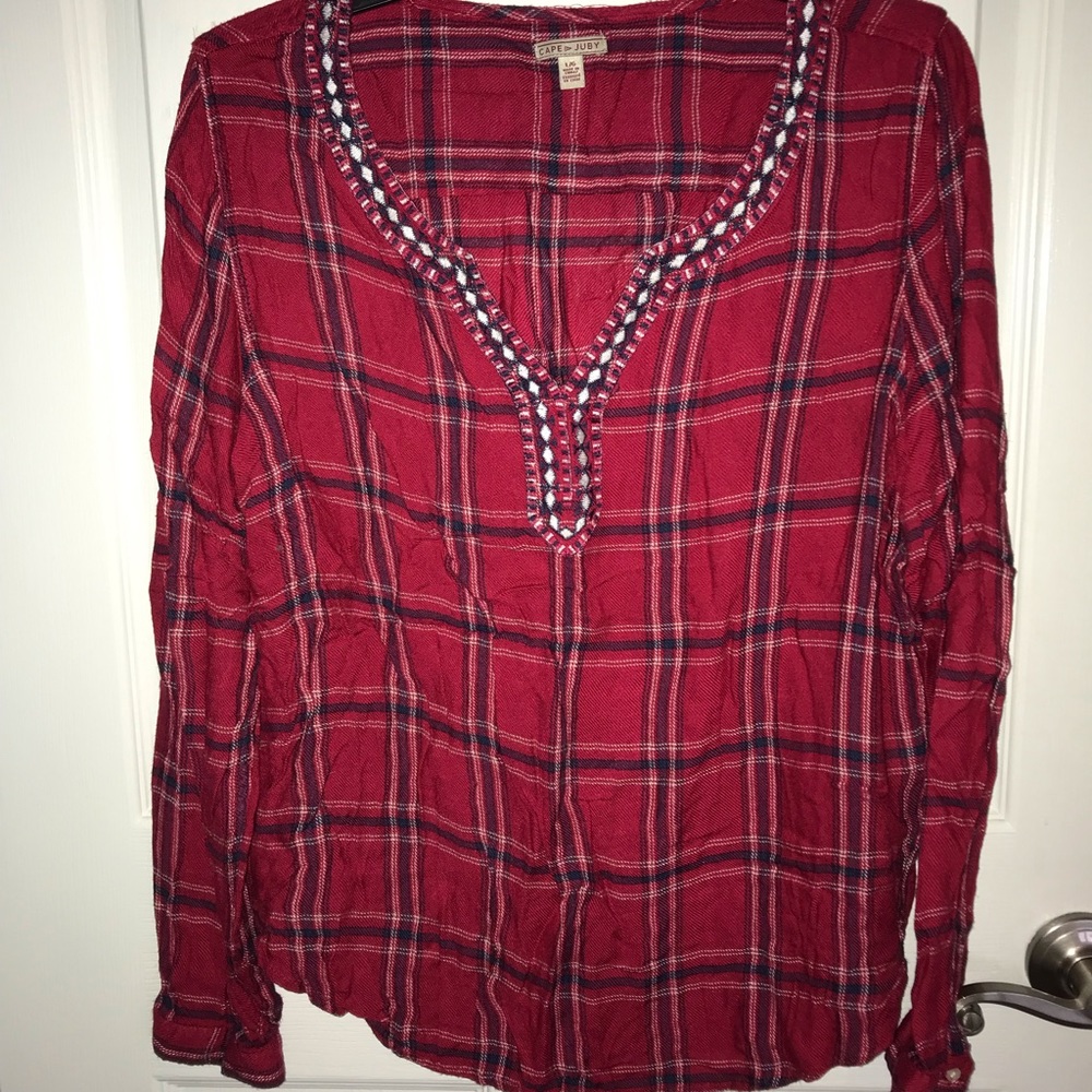 Red Flannel Blouse with Neckline Detail
